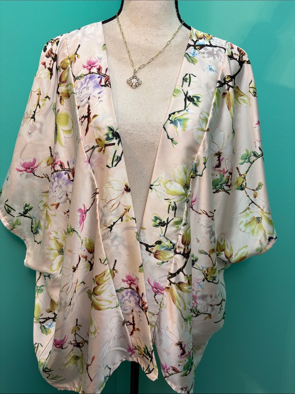 Simonetta Cream and Green Kimono with Floral Elegance